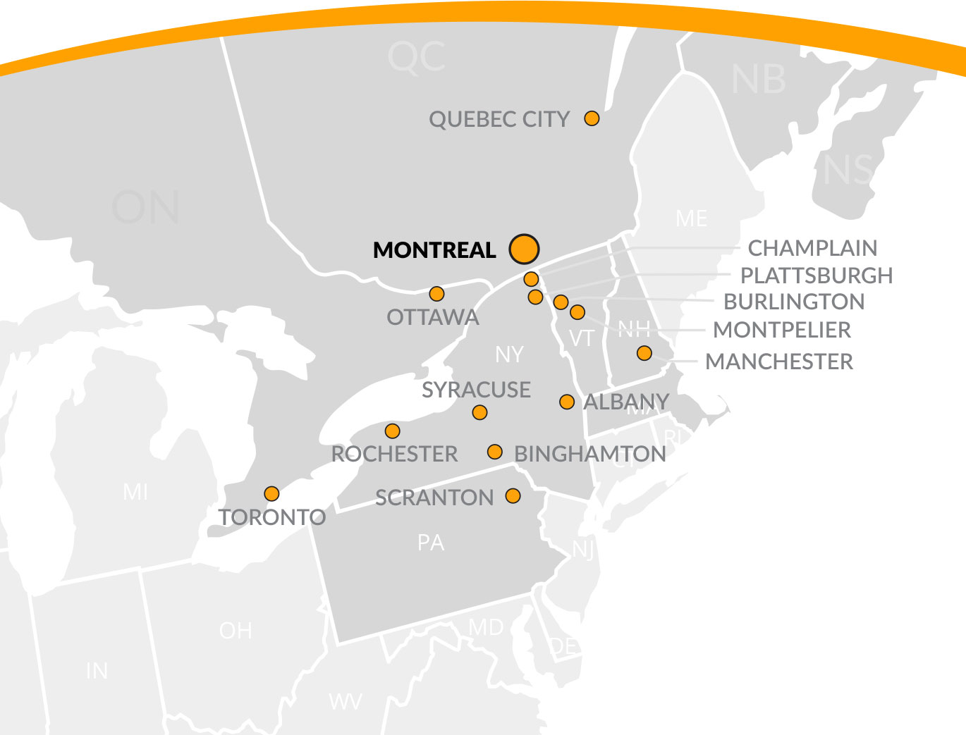 Carte du Québec, du Canada et de la Vallée du lac Champlain, aux États-Unis