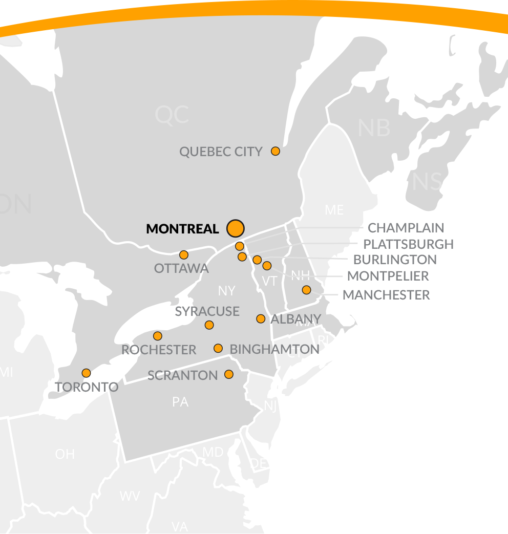 Carte du Québec, du Canada et de la Vallée du lac Champlain, aux États-Unis