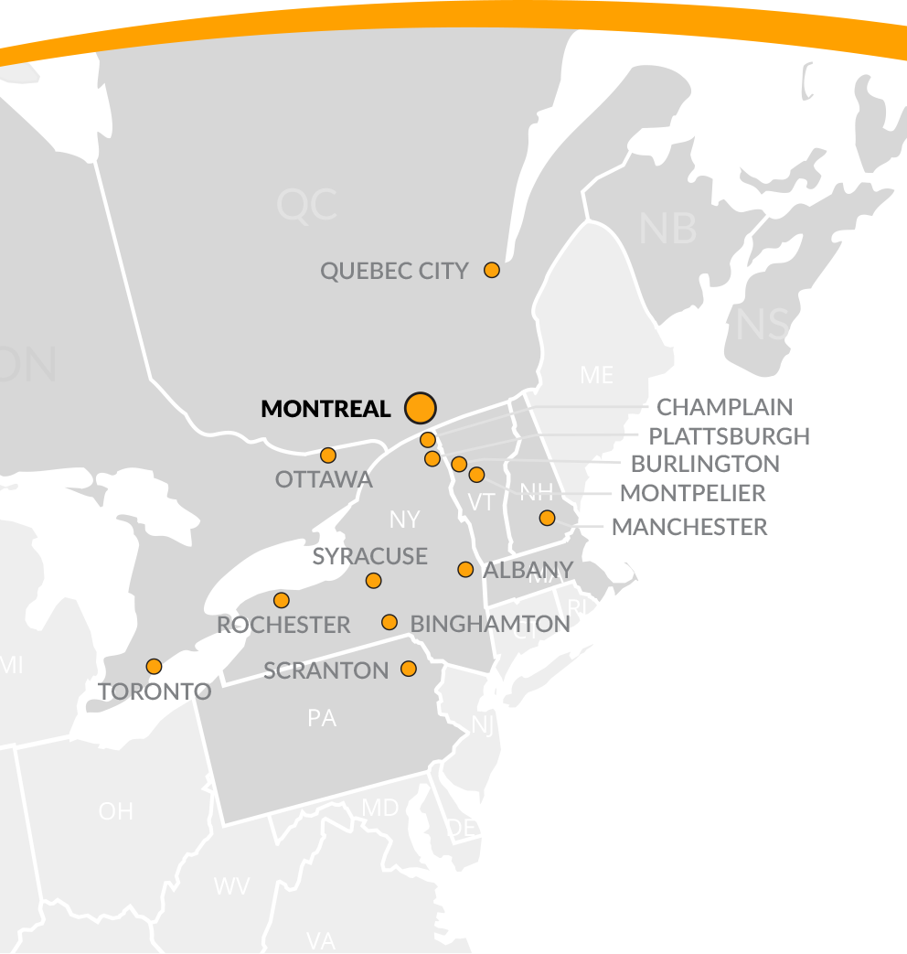 Map of Quebec, Canada and the Champlain Valley, USA